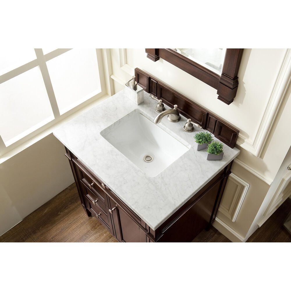 James Martin Vanities Brittany 30&quot; Single Bathroom Vanity in Burnished Mahogany with 3 cm Carrara White Marble Top and Rectangle Sink, , large