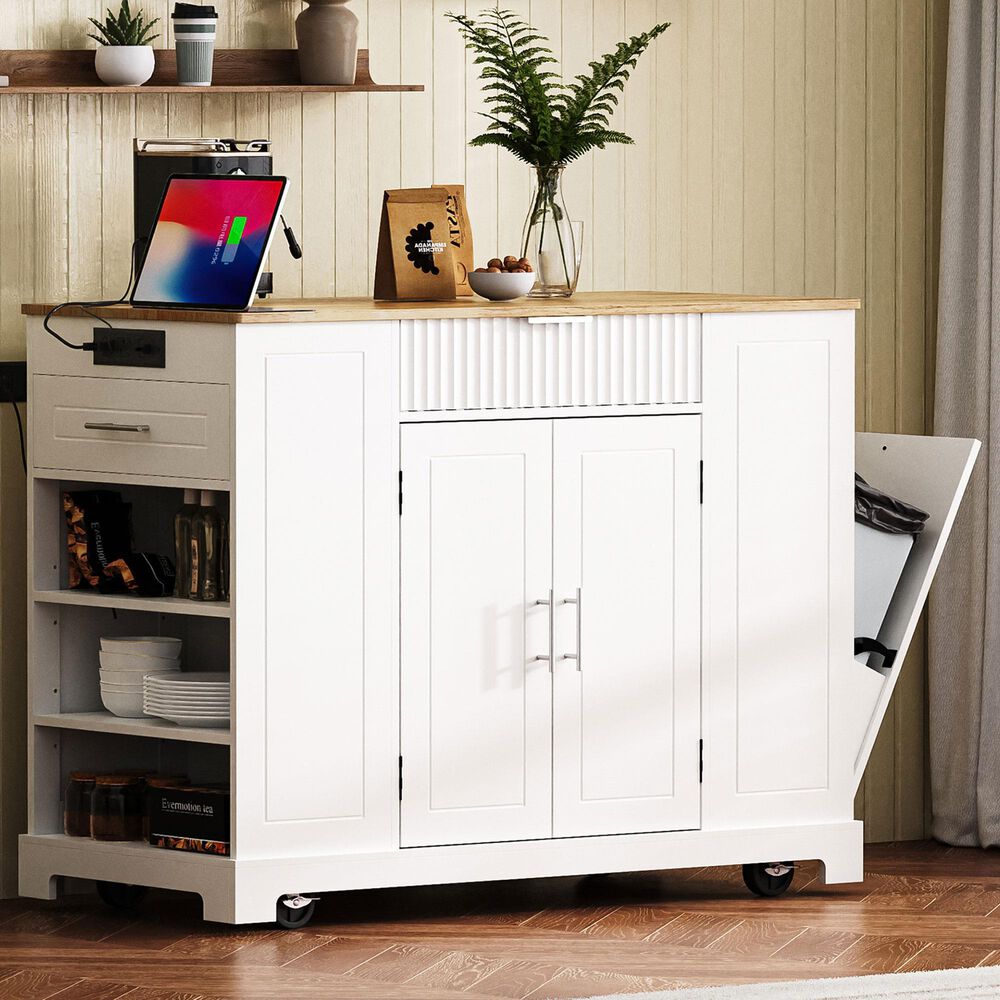 HOMLUX 47" Fluted Kitchen Island with Trash Can Storage Cabinet in White and Natural, , large