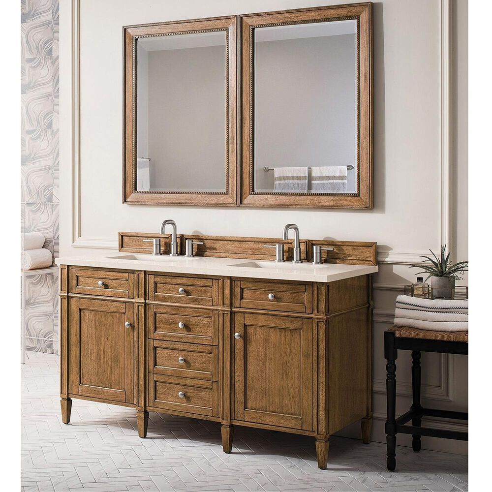 James Martin Vanities Brittany 60&quot; Double Bathroom Vanity in Saddle Brown with 3 cm Eternal Marfil Quartz Top and Rectangular Sinks, , large