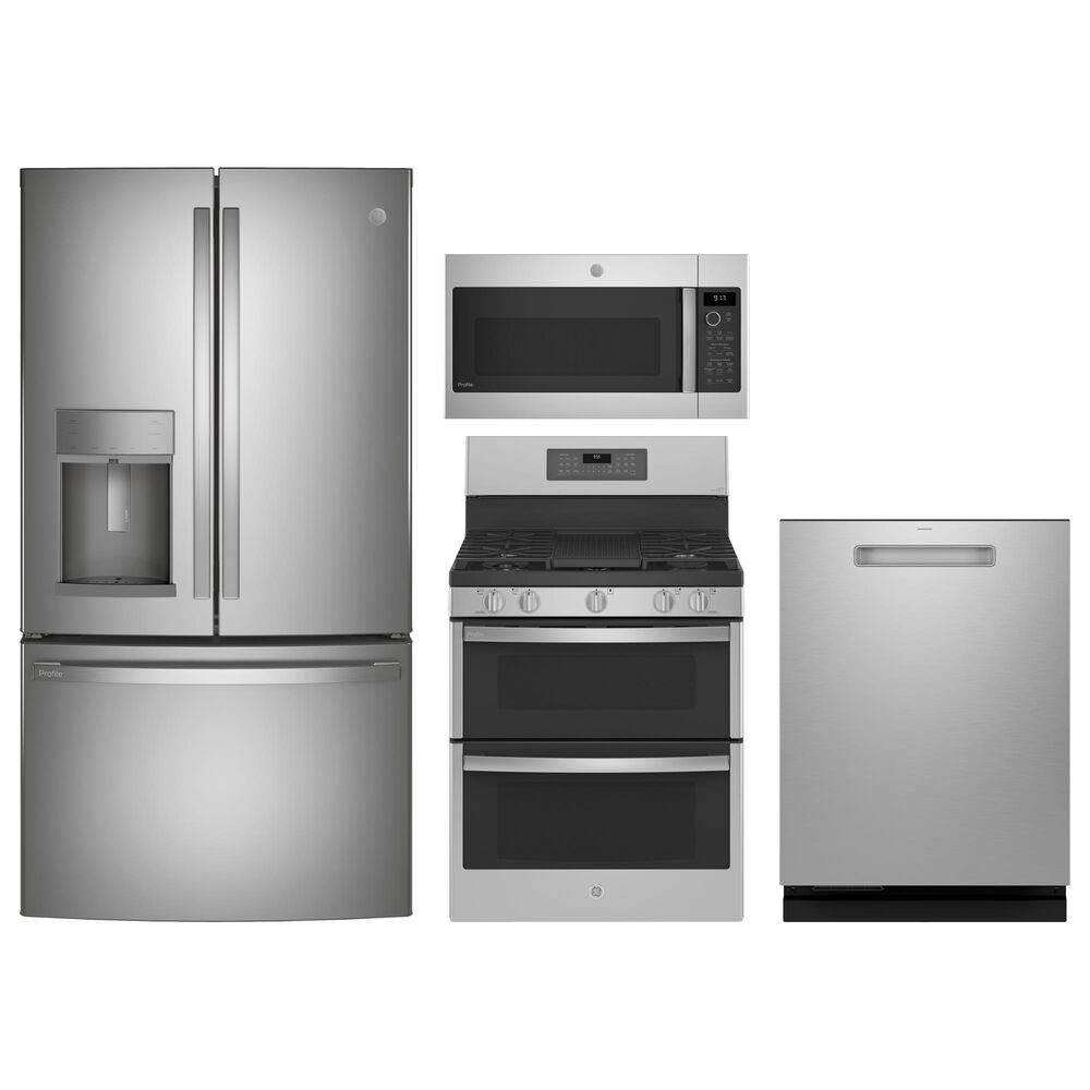 GE Profile 4pc Kitchen Package with Refrigerator, Range, Microwave, and Dishwasher in Stainless Steel, , large