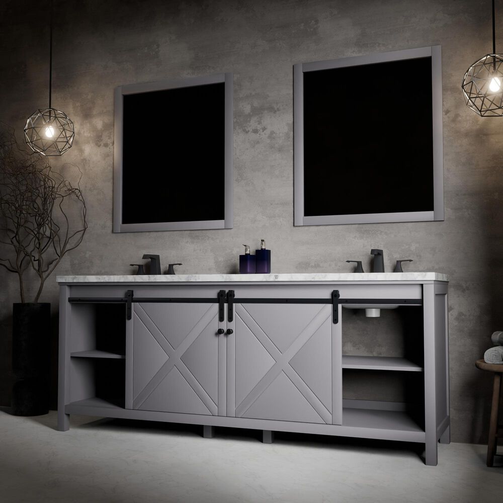 Lexora Home Marsyas 84&quot; Double Bathroom Vanity in Dark Grey with White Carrara Marble Top and Rectangular Sinks, , large