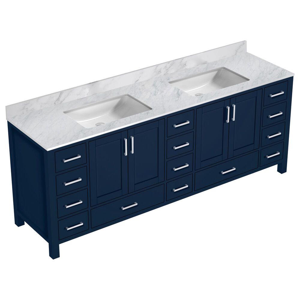 Lexora Home Jacques 84&quot; Double Bathroom Vanity in Navy Blue with 2 cm White Carrara Marble Top and Rectangular Sinks, , large