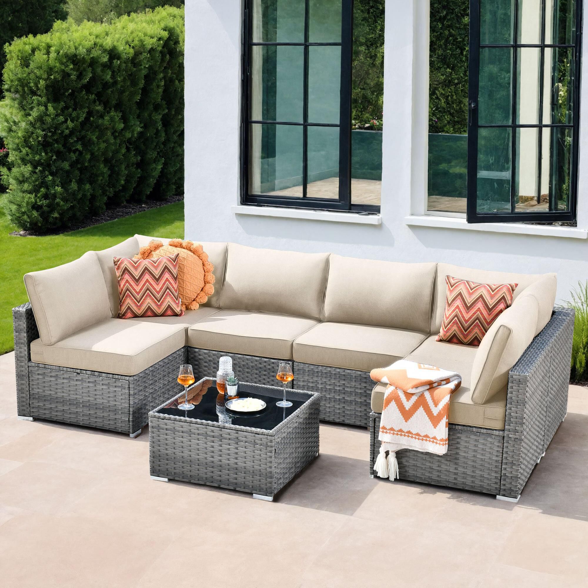HOMLUX 7-Piece Patio Conversation Set with Grey Wicker in Beige
