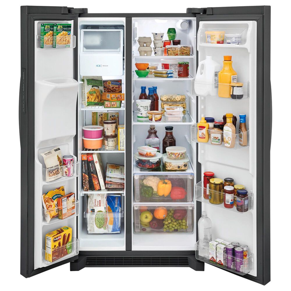 Frigidaire 2-Piece Kitchen Package with 25.6 Cu. Ft. Freestanding Side by Side Refrigerator and Built-In Dishwasher in Black Stainless Steel, , large