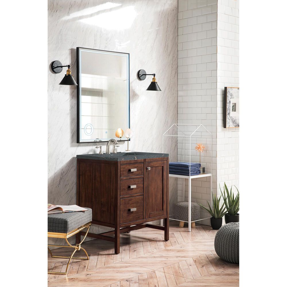 James Martin Vanities Addison 30&quot; Single Bathroom Vanity in Mid-Century Acacia with 3 cm Parisien Bleu Quartz Top and Rectangular Sink, , large