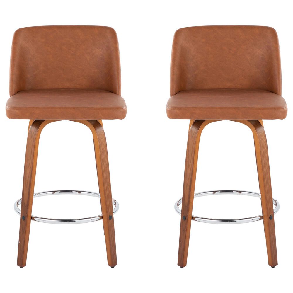 LumiSource Toriano Swivel Counter Stool with Camel Faux Leather Upholstery in Walnut and Chrome (Set of 2), , large