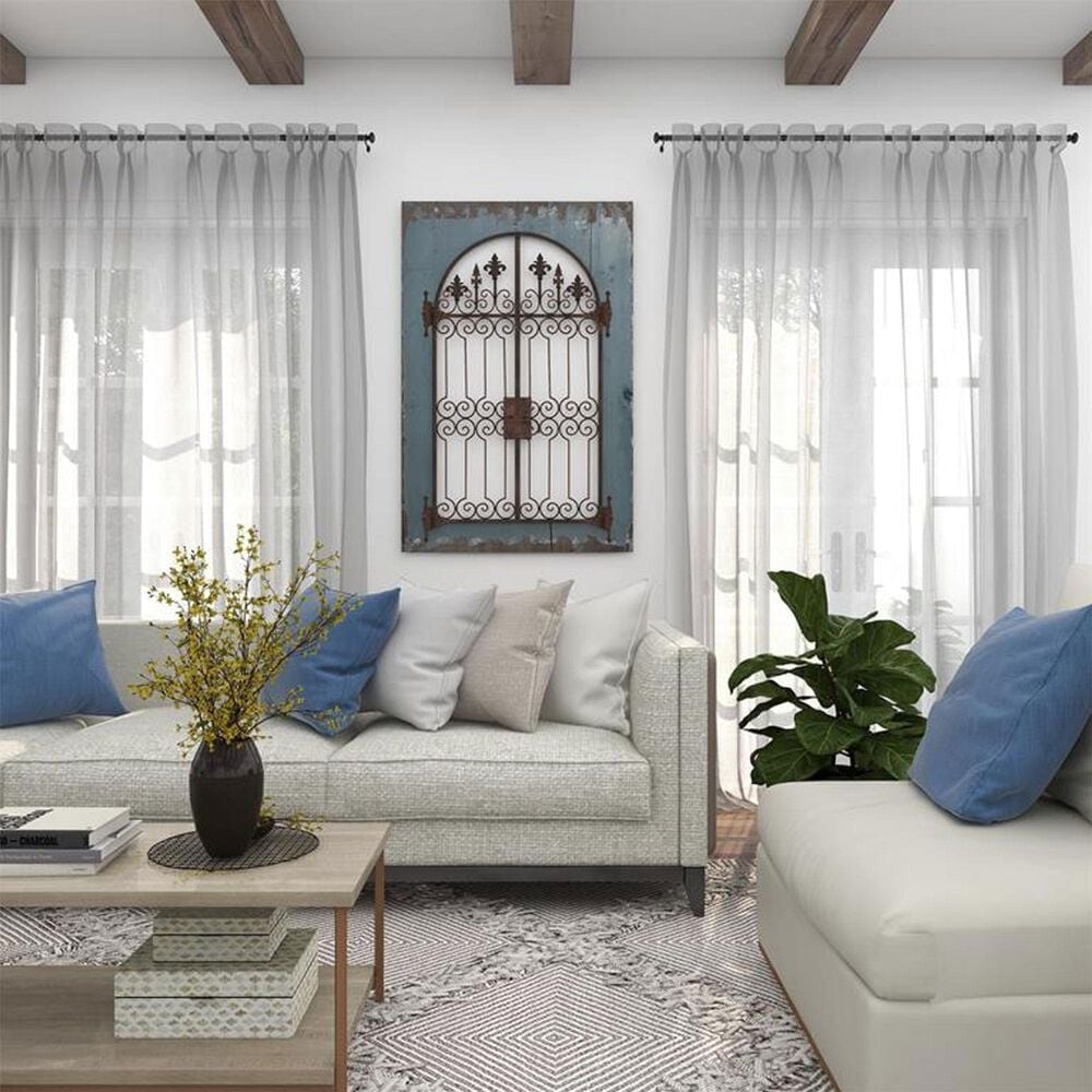 Maple and Jade 33&quot; x 50&quot; Arched Windowpane Fleur De Lis Home Wall Decor with Rust Metal Scrolled Gate in Distressed Blue and Bronze, , large