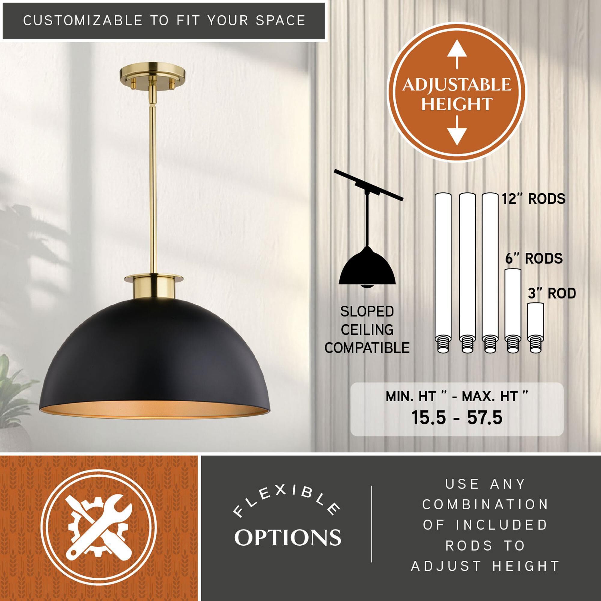 Vaxcel Devon 1-Light Pendant in Matte Black and Satin Brass