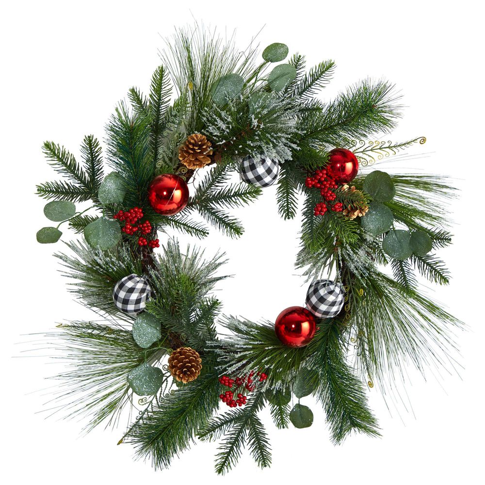 Nearly Natural Inc 24in. Berry and Pinecone Artificial Christmas Wreath with Ornaments, , large