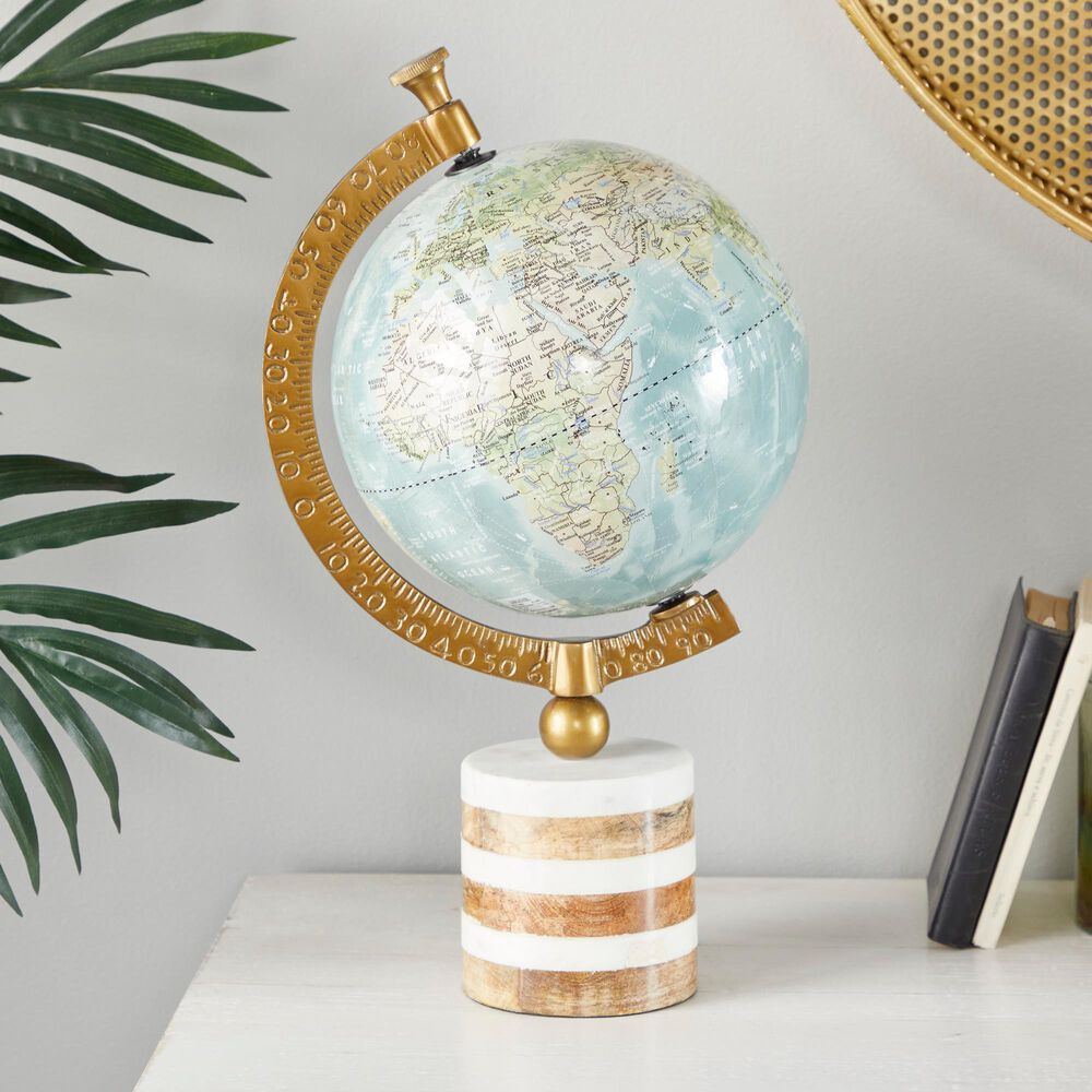 Maple and Jade 8&quot; x 16&quot; Globe in Turquoise, Green, Brass and Natural, , large
