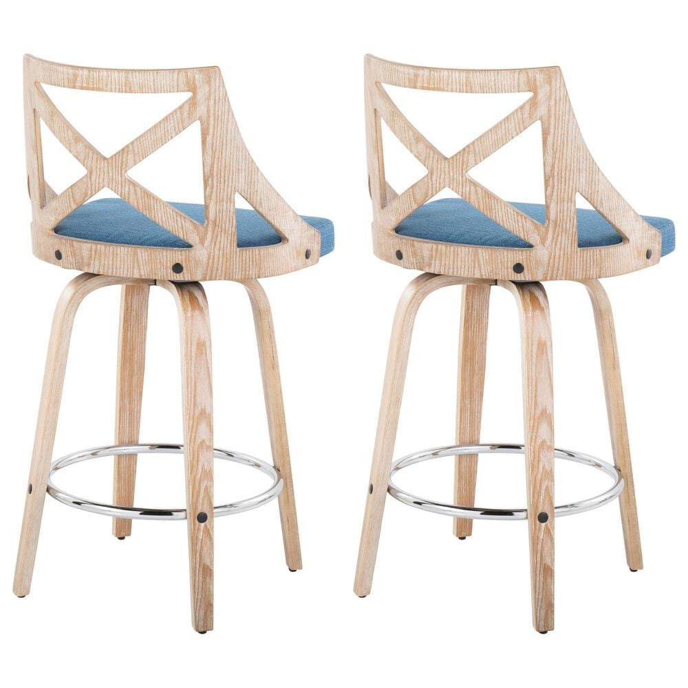 LumiSource Charlotte Swivel Counter Stool with Blue Fabric Upholstery in Whitewashed and Chrome (Set of 2), , large