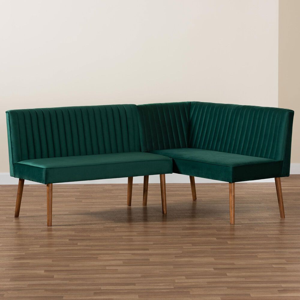Baxton Studio Alvis 2-Piece Dining Nook Banquette Set with Green Velvet in Walnut Brown, , large