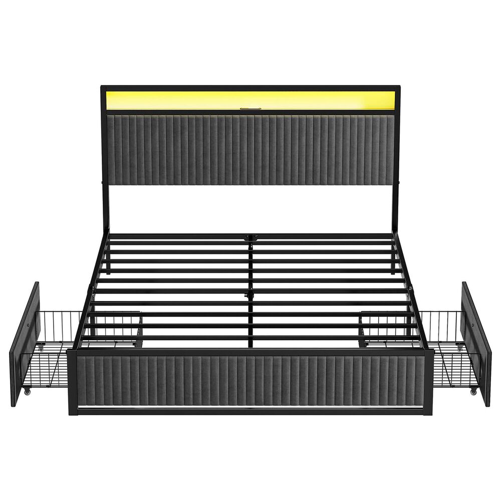 HOMLUX Full 2-Drawer Storage Bed with LED Headboard and USB Ports in Gray, , large