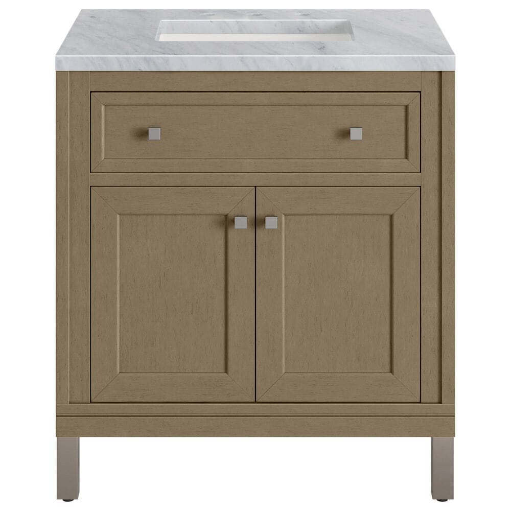 James Martin Vanities Chicago 30" Single Bathroom Vanity in Walnut Whisper with 3 cm Carrara White Marble Top and Rectangular Sink, , large