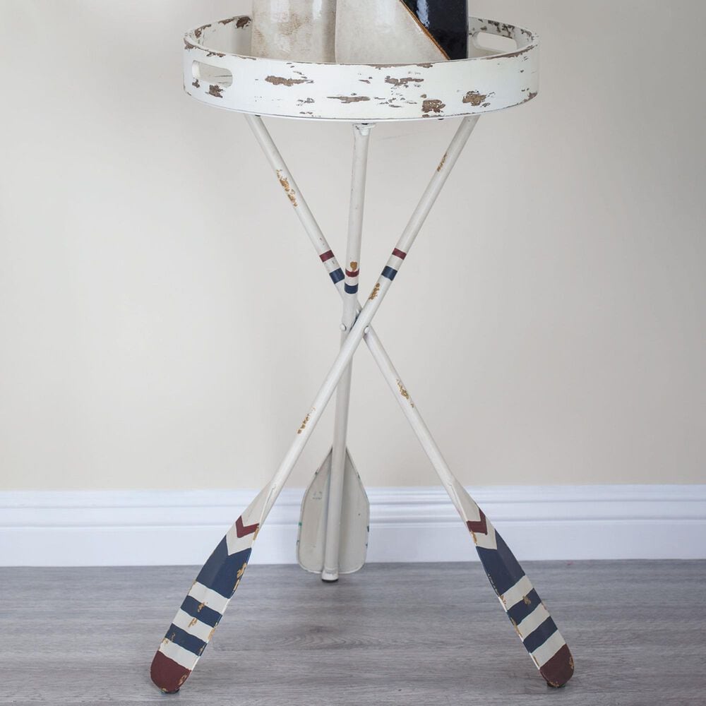 Maple and Jade Striped Paddle Accent End Table in Distressed White, Navy and Red, , large