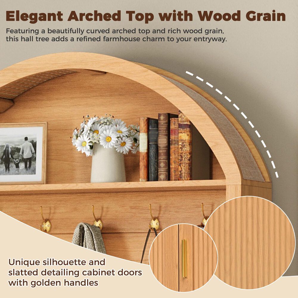 HOMLUX Farmhouse Fabric Arched Top Hall Tree with 5 Metal Hooks and Adjustable Shelves in Natural, , large