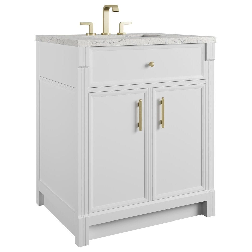 James Martin Bellshire 30" Single Bathroom Vanity in Bright White with 3 cm Eternal Jasmine Pearl Silestone Top and Rectangular Sink, , large