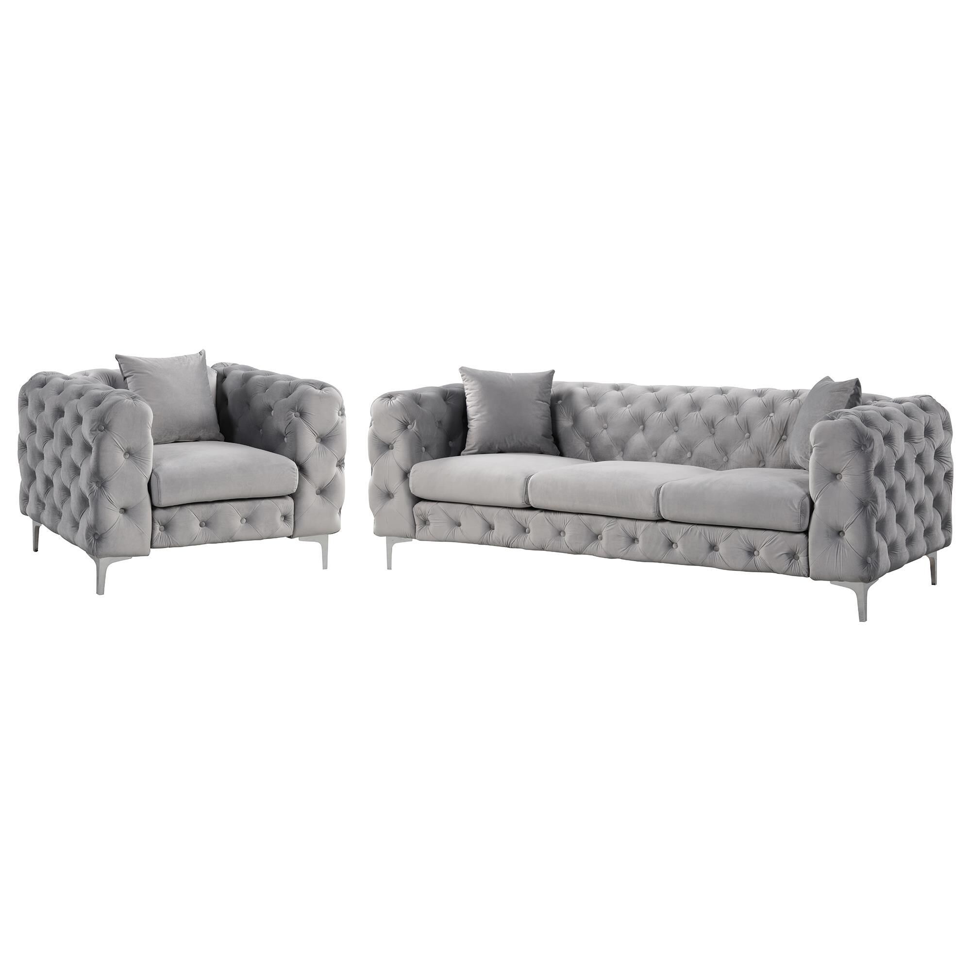 Morden Fort Chair and Sofa with Deep Button Tufted Set in Silver