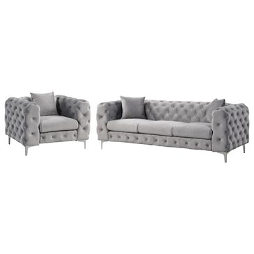 Morden Fort Chair and Sofa with Deep Button Tufted Set in Silver Grey Velvet, , large