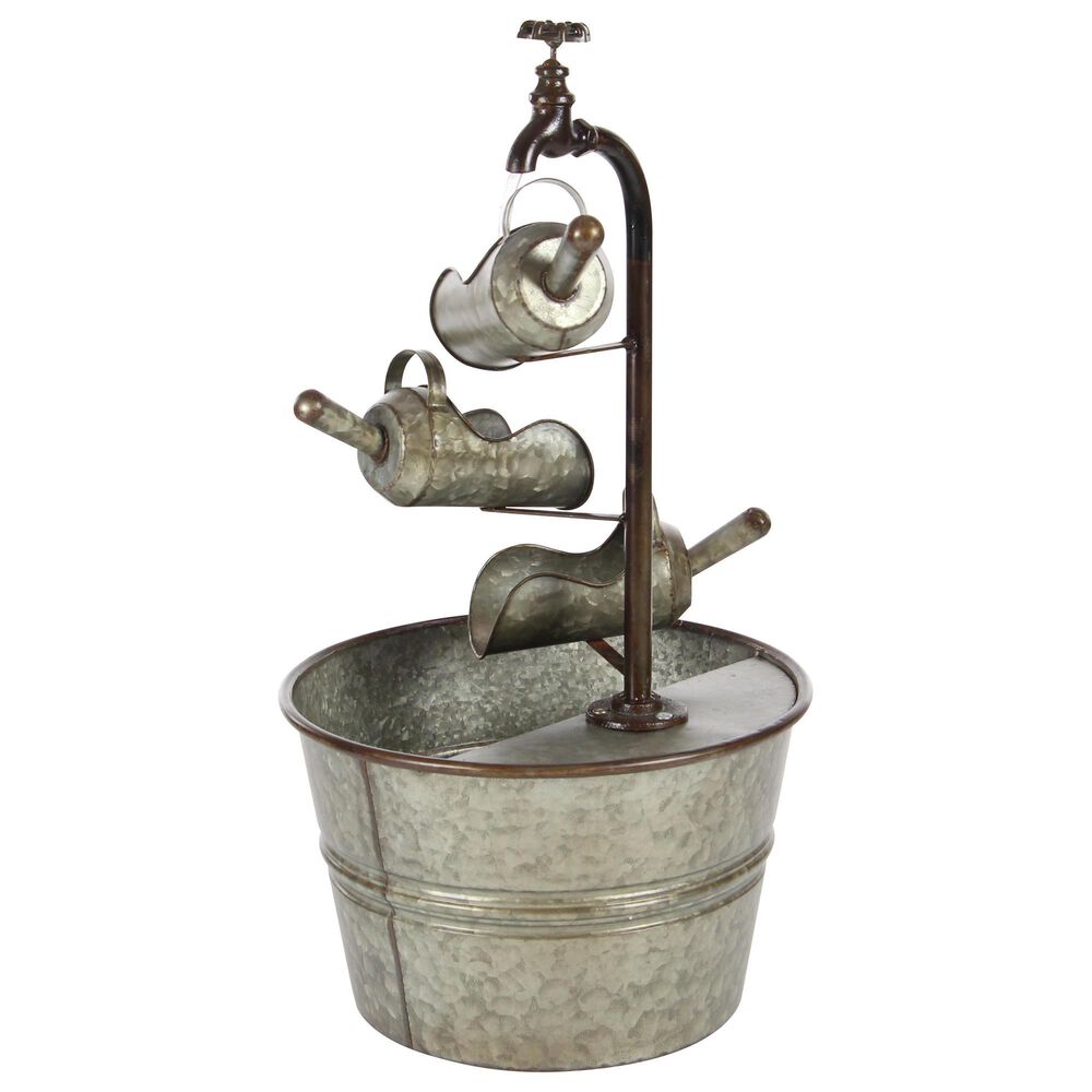 Maple and Jade Indoor/Outdoor Fountain with Watering Cans in Galvanized Gray, Rusted Brown and Black, , large