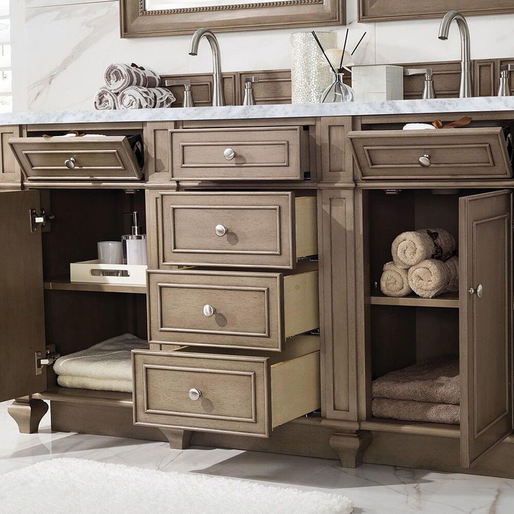 James Martin Vanities Bristol 60&quot; Double Bathroom Vanity in Whitewashed Walnut with 3 cm Carrara White Marble Top and Rectangular Sinks, , large