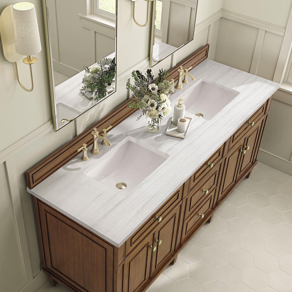 James Martin Vanities Lorelai 72&quot;Double Vanity in Mid-Century Walnut with 3 cm Arctic Fall Solid Surface Top, , large