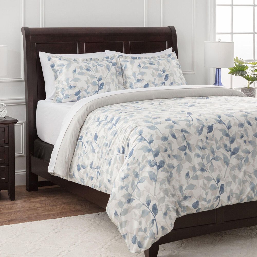 Layered Leaf 3-Piece Queen Duvet Cover Set in Blue and Taupe, , large