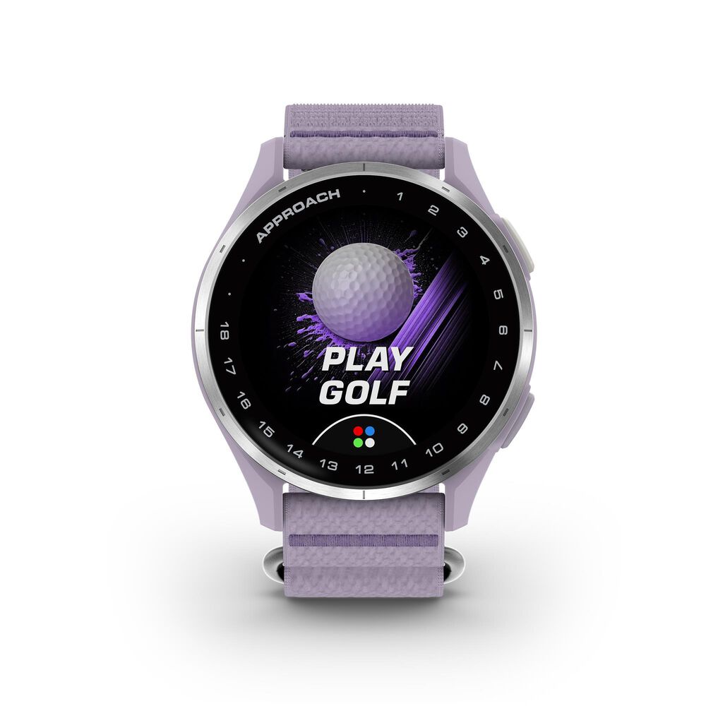 Garmin Approach J1 43mm Junior Golf GPS Smartwatch in Silver Aluminum Bezel with Lilac ComfortFit Fabric Band, , large