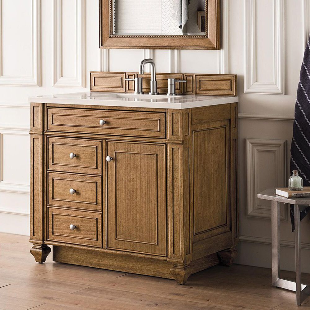 James Martin Vanities Bristol 36&quot; Single Bathroom Vanity in Saddle Brown with 3 cm Eternal Marfil Quartz Top and Rectangular Sink, , large
