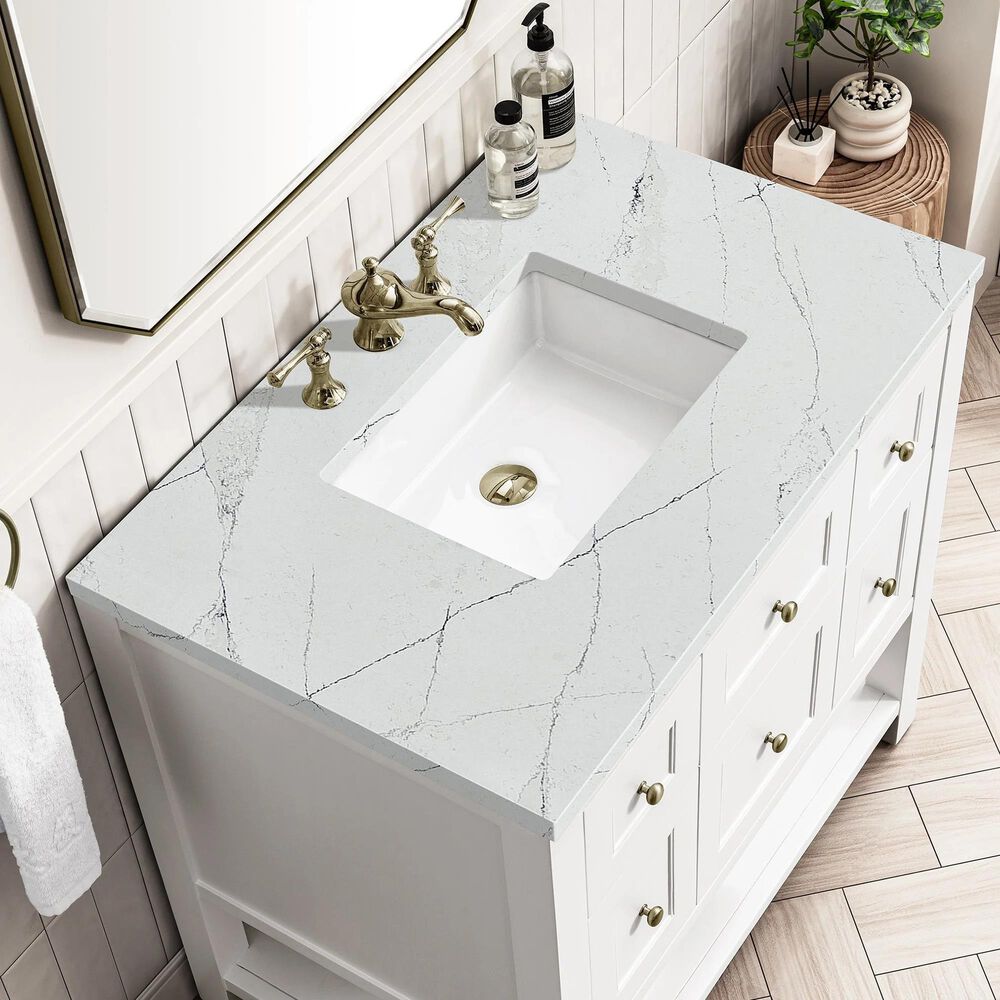 James Martin Vanities Breckenridge 36&quot; Single Bathroom Vanity in Bright White with 3 cm Ethereal Noctis Quartz Top and Rectangular Sink, , large
