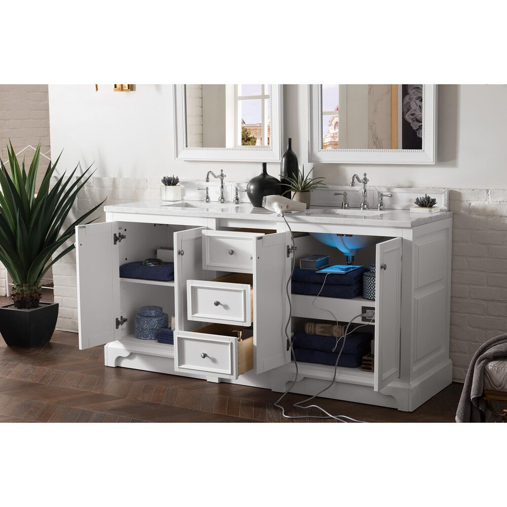James Martin Vanities De Soto 72&quot; Double Bathroom Vanity in Bright White with 3 cm Arctic Fall Solid Surface Top and Rectangular Sinks, , large