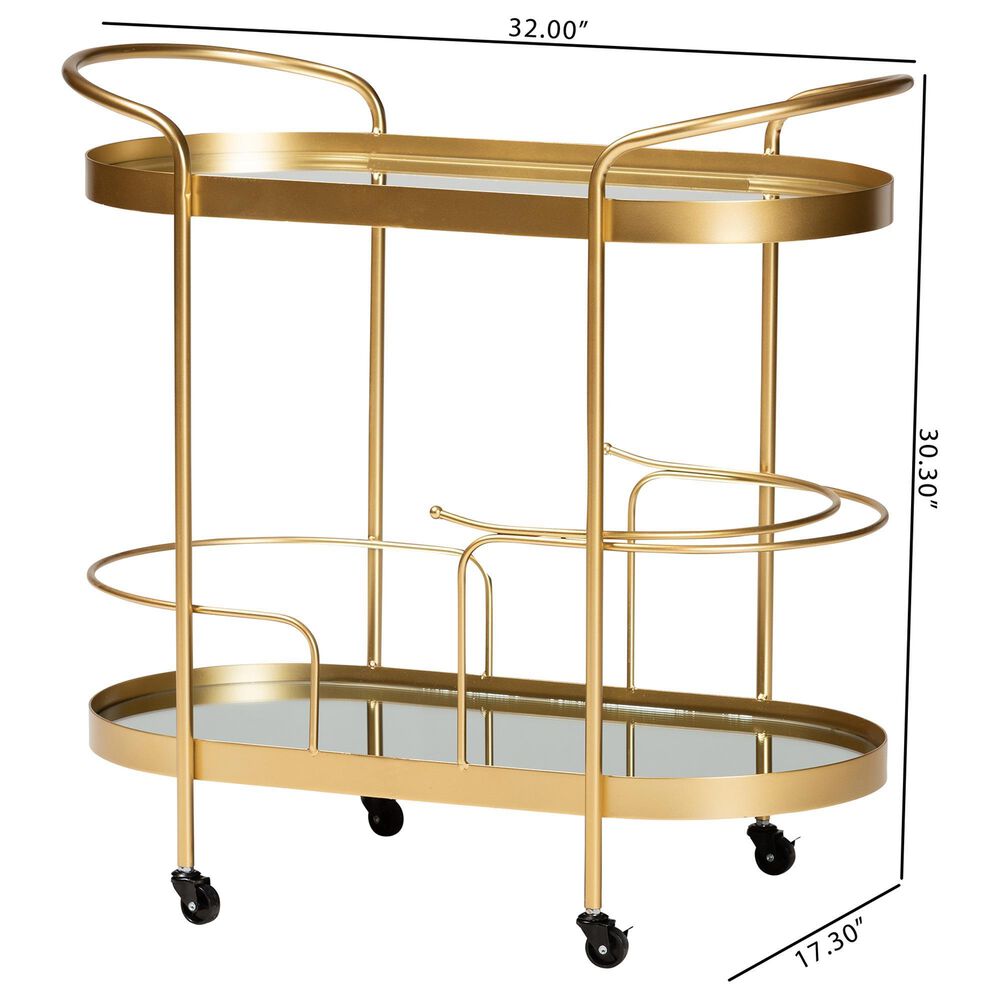 Baxton Studio Kamal 2-Tier Mobile Wine Bar Cart in Brushed Gold and Clear, , large