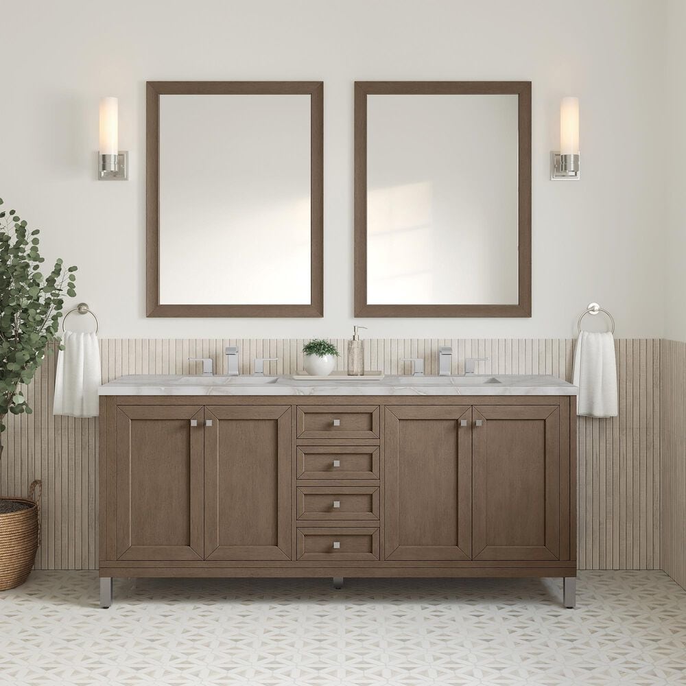 James Martin Vanities Chicago 72&quot; Double Bathroom Vanity in Whitewashed Walnut with 3 cm Victorian Silver Quartz Top and Rectangular Sinks, , large