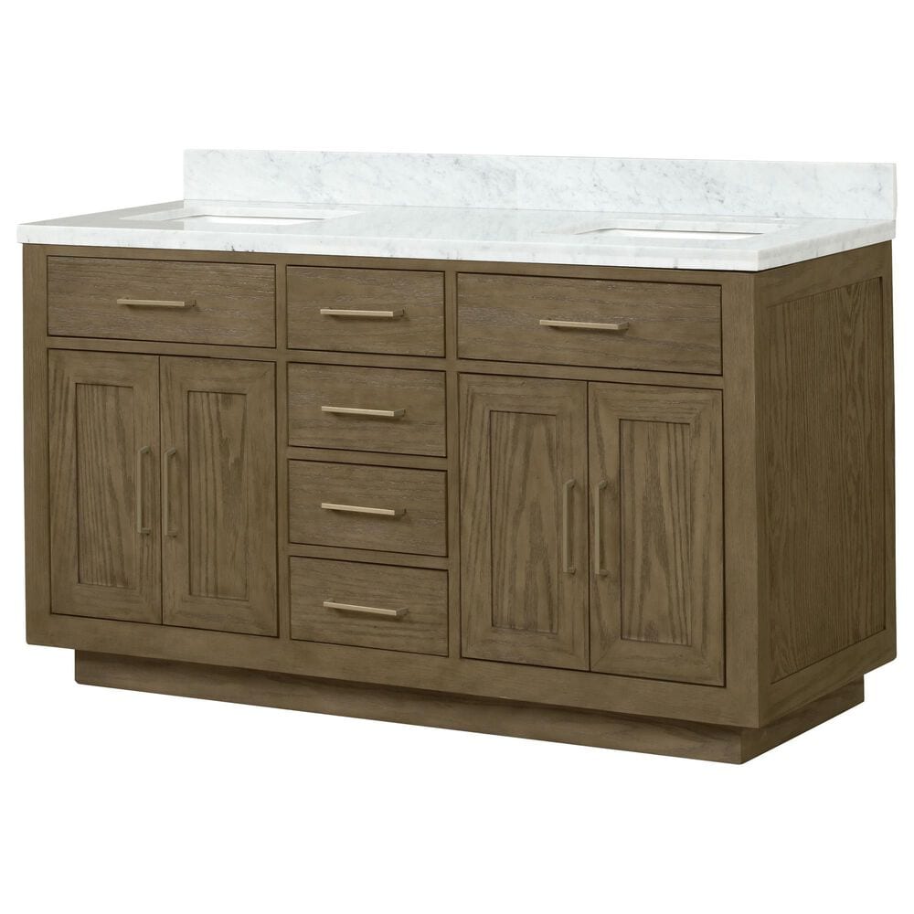 Lexora Home Abbey 60" Double Bathroom Vanity in Grey Oak with 2 cm White Carrara Marble Top and Rectangular Sinks, , large