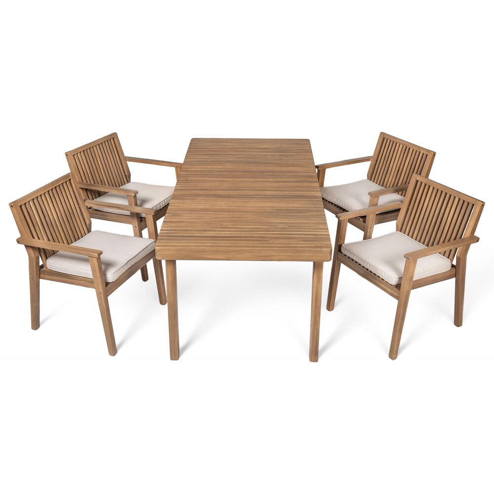 Hearth and Haven 5-Piece Outdoor Dining Set with Beige Cushions in Brown, , large