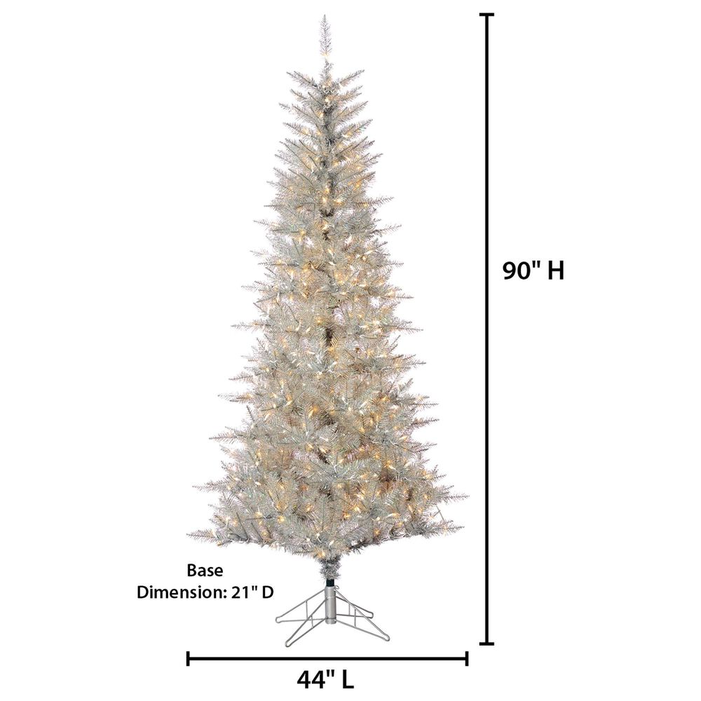 The Gerson Company 7.5&#39; Pre-Lit Tuscany Tinsel Christmas Tree with 450 Lights in Silver, , large