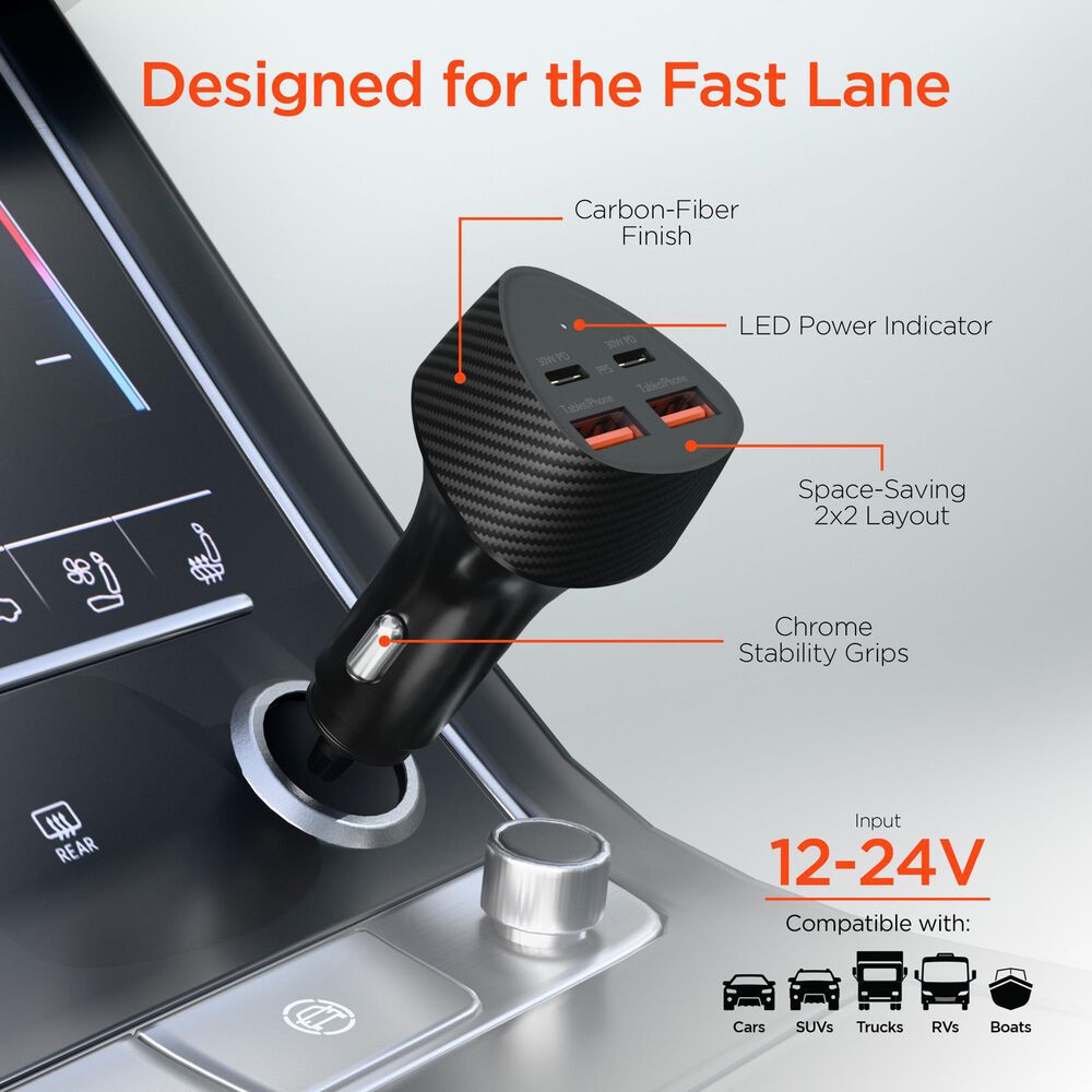 Hypercel SpeedBoost 77W Quad Port PD Car Charger in Black, , large