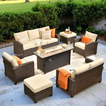 HOMLUX 7-Piece Patio Conversation Set with Fire Pit Table in Beige, , large