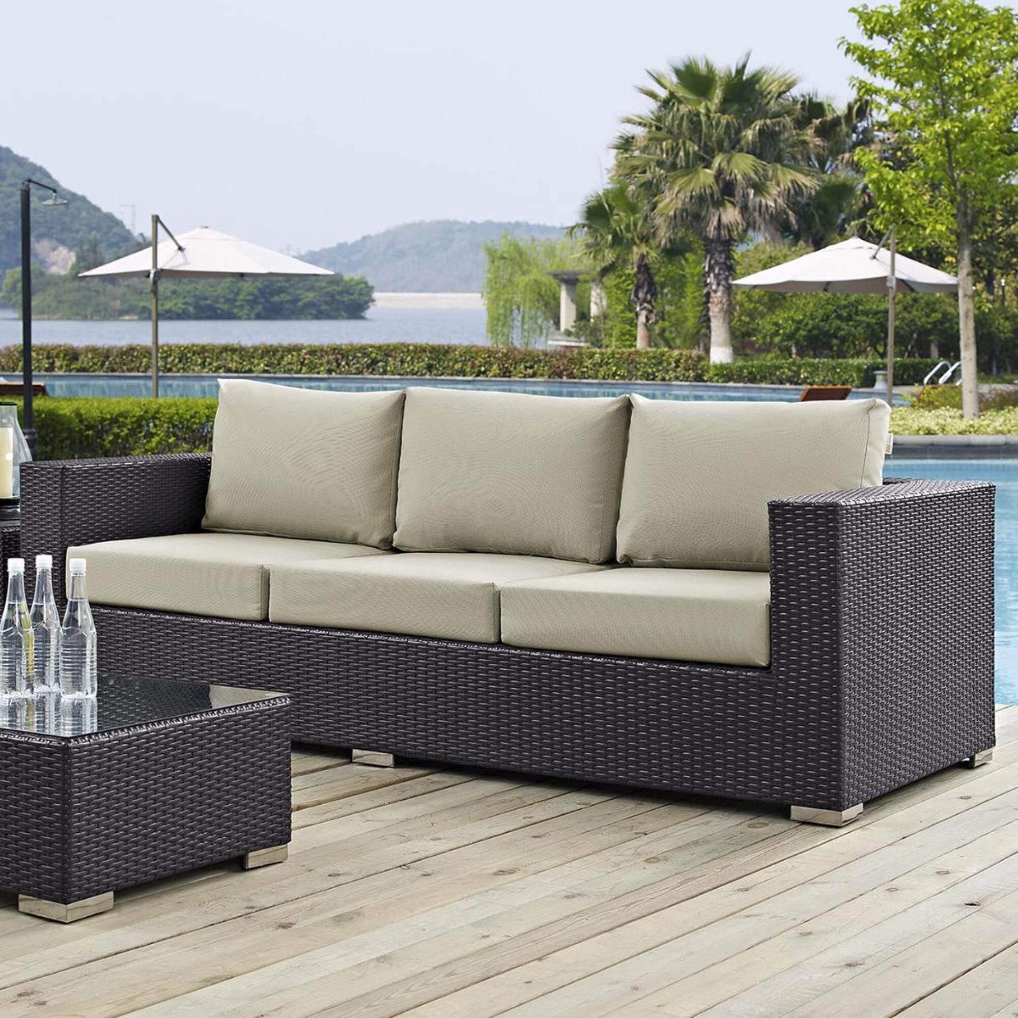 Modway Convene Outdoor Patio Sofa in Espresso and Beige NFM