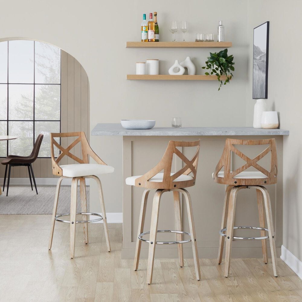 LumiSource Charlotte Swivel Bar Stool with White Faux Leather Upholstery in Whitewashed and Chrome (Set of 2), , large