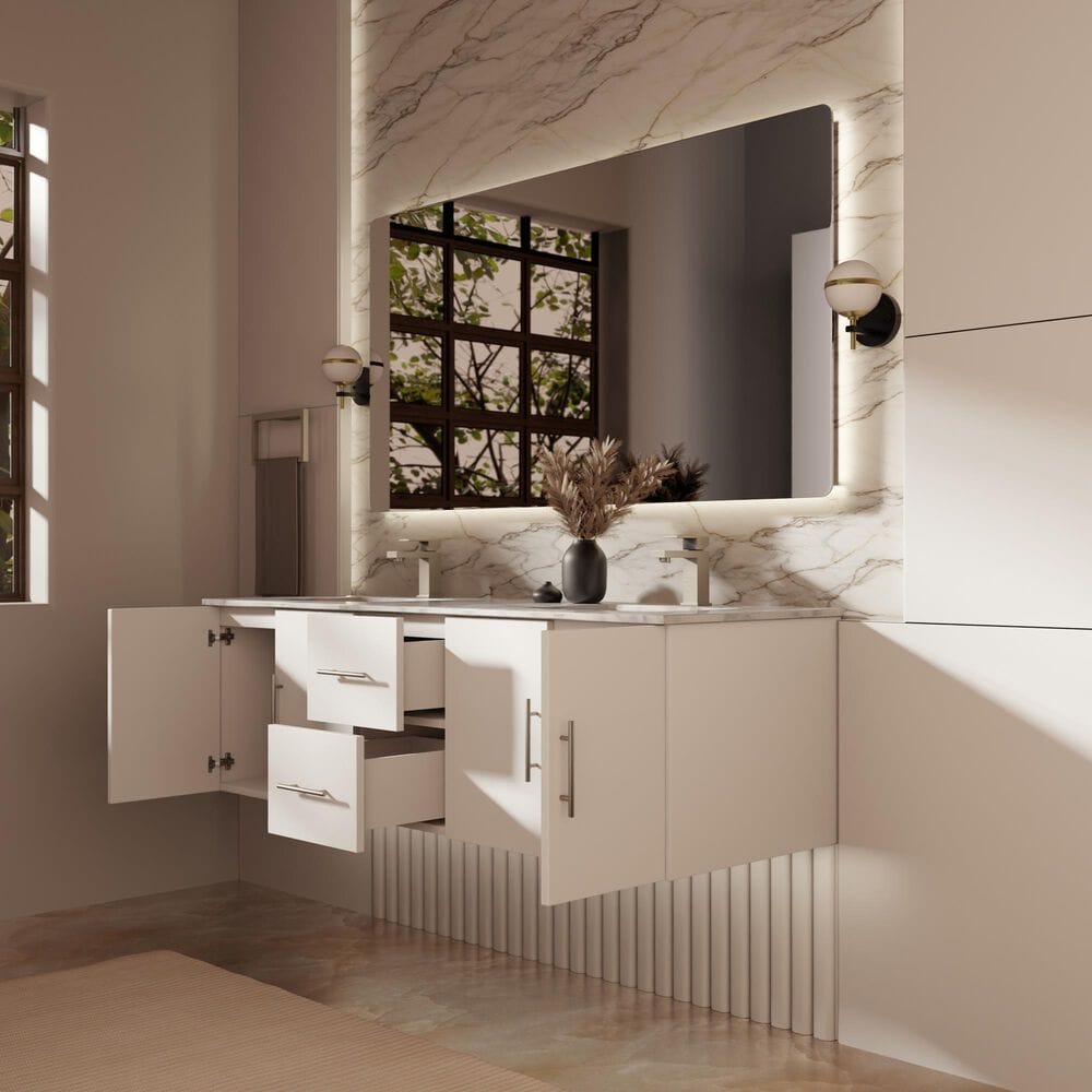 Lexora Home Geneva 60" Double Bathroom Vanity in Glossy White with 2 cm White Carrara Marble Top and Rectangular Sinks, , large