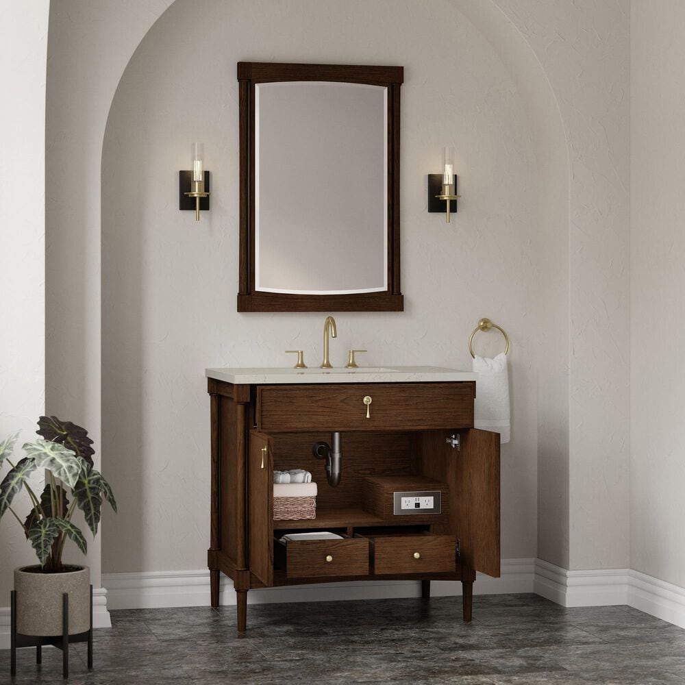 James Martin Kinnsden 36" Single Bathroom Vanity in Sable Oak with 3 cm Siberian Silestone Top and Rectangular Sink, , large