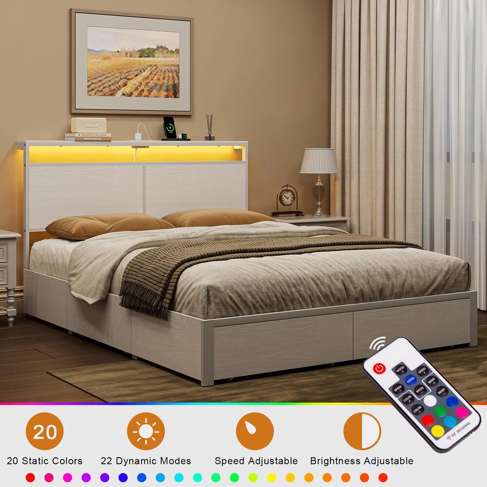 HOMLUX King 4-Drawer Storage Bed with LED Headboard and Charging Station in White, , large