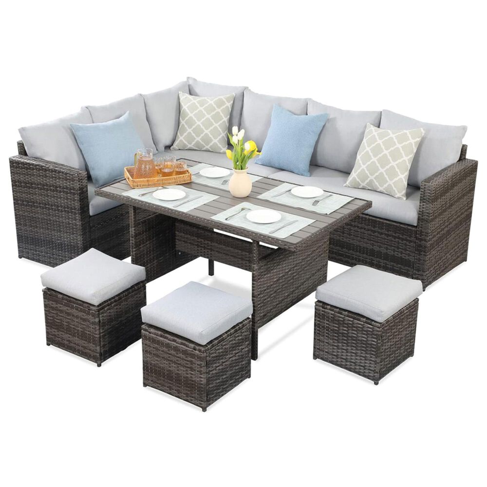 Hearth and Haven 7-Piece Outdoor Dining Set with Grey Cushion in Brown, , large