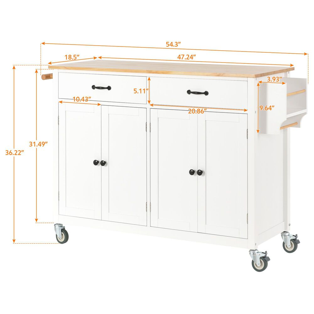 HOMLUX 54" Kitchen Island Cart with Solid Wood Top and Locking Wheels in White, , large