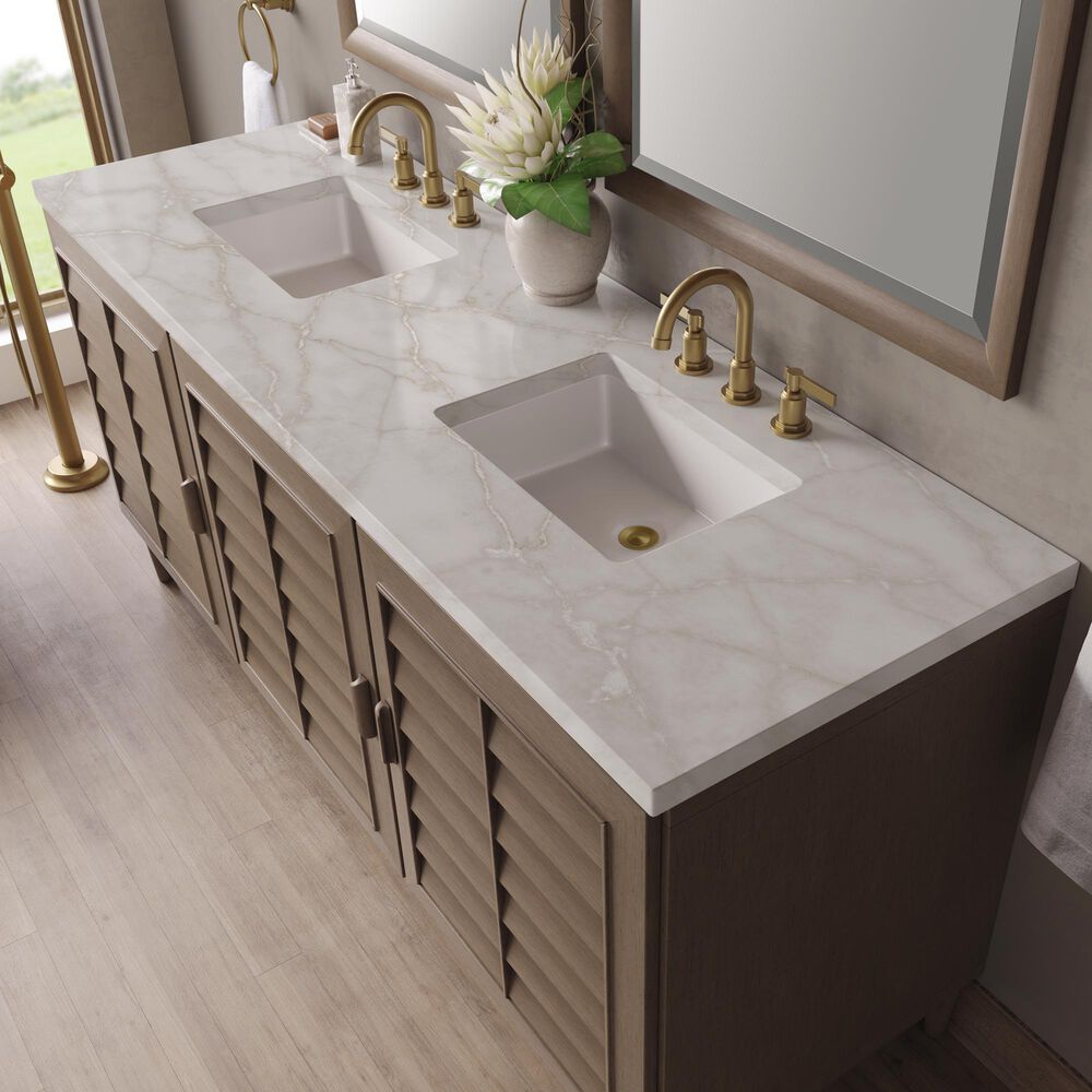 James Martin Vanities Portland 72&quot; Double Bathroom Vanity in Whitewashed Walnut with 3 cm Victorian Silver Quartz Top and Rectangular Sinks, , large