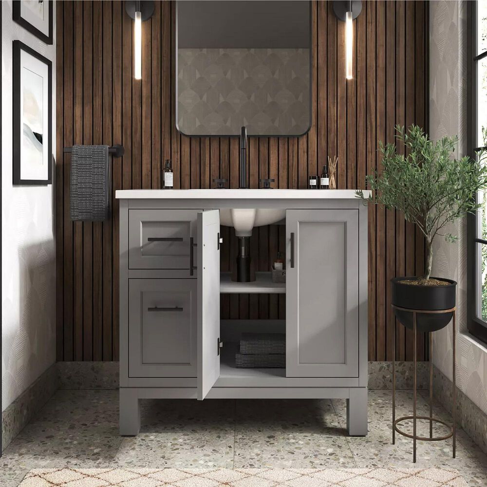 Kohler Quo 36&quot; Single Bathroom Vanity in Mohair Grey with 3 cm Pure White Quartz Top and Oval Sink, , large
