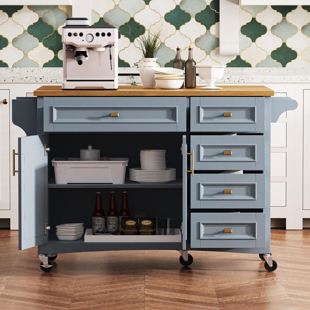 HOMLUX 52'' Kitchen Island with Drop Leaf in Blue Grey, , large