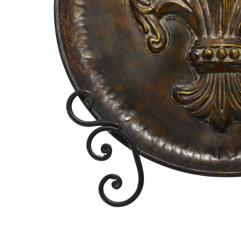 Maple and Jade Embossed Detail Fleur De Lis Decorative Charger with Stand in Brown, , large