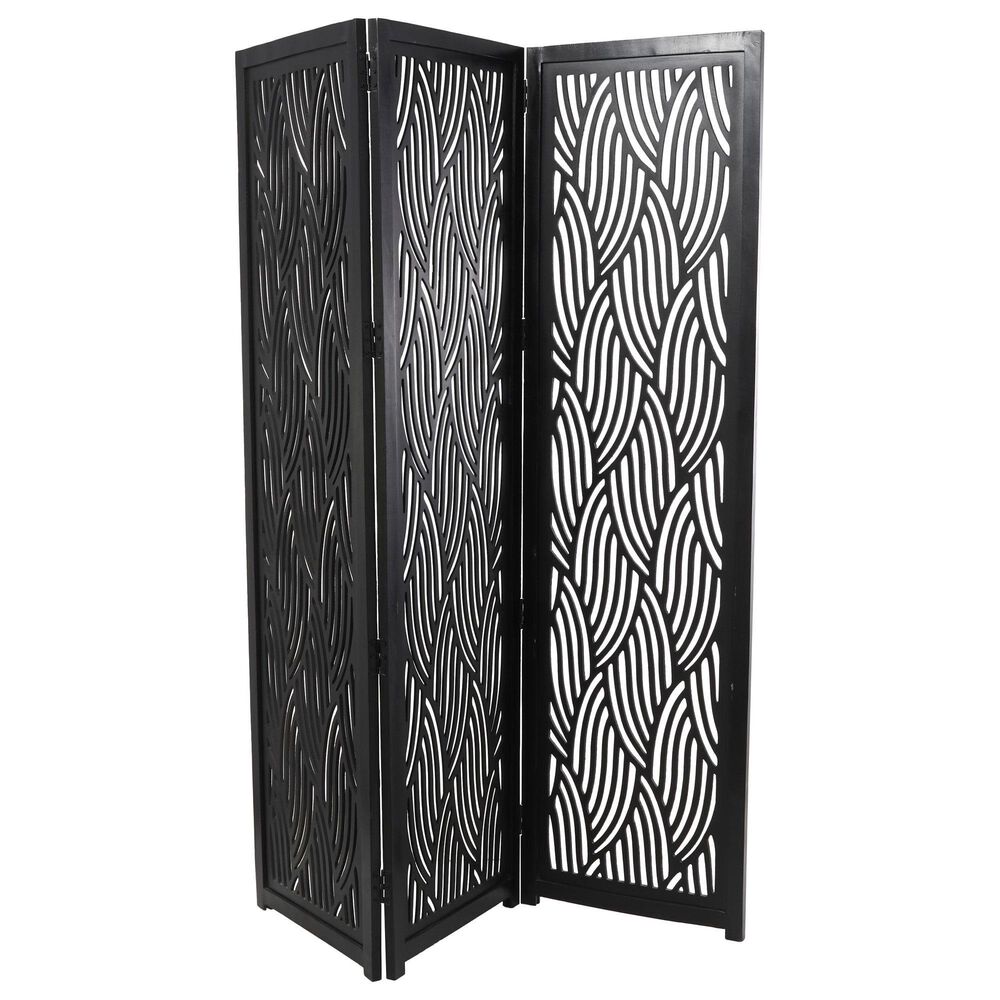 Maple and Jade 3-Panel Abstract Wavy Cutout Partition Room Divider Screen in Matte Black, , large